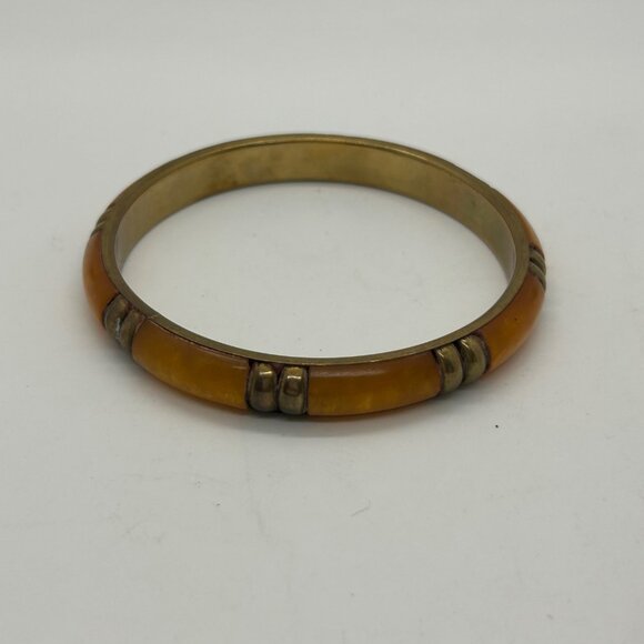 Vintage Brass & Amber-Colored Acrylic Bangle Bracelet 8 Inch Boheium - Picture 6 of 8